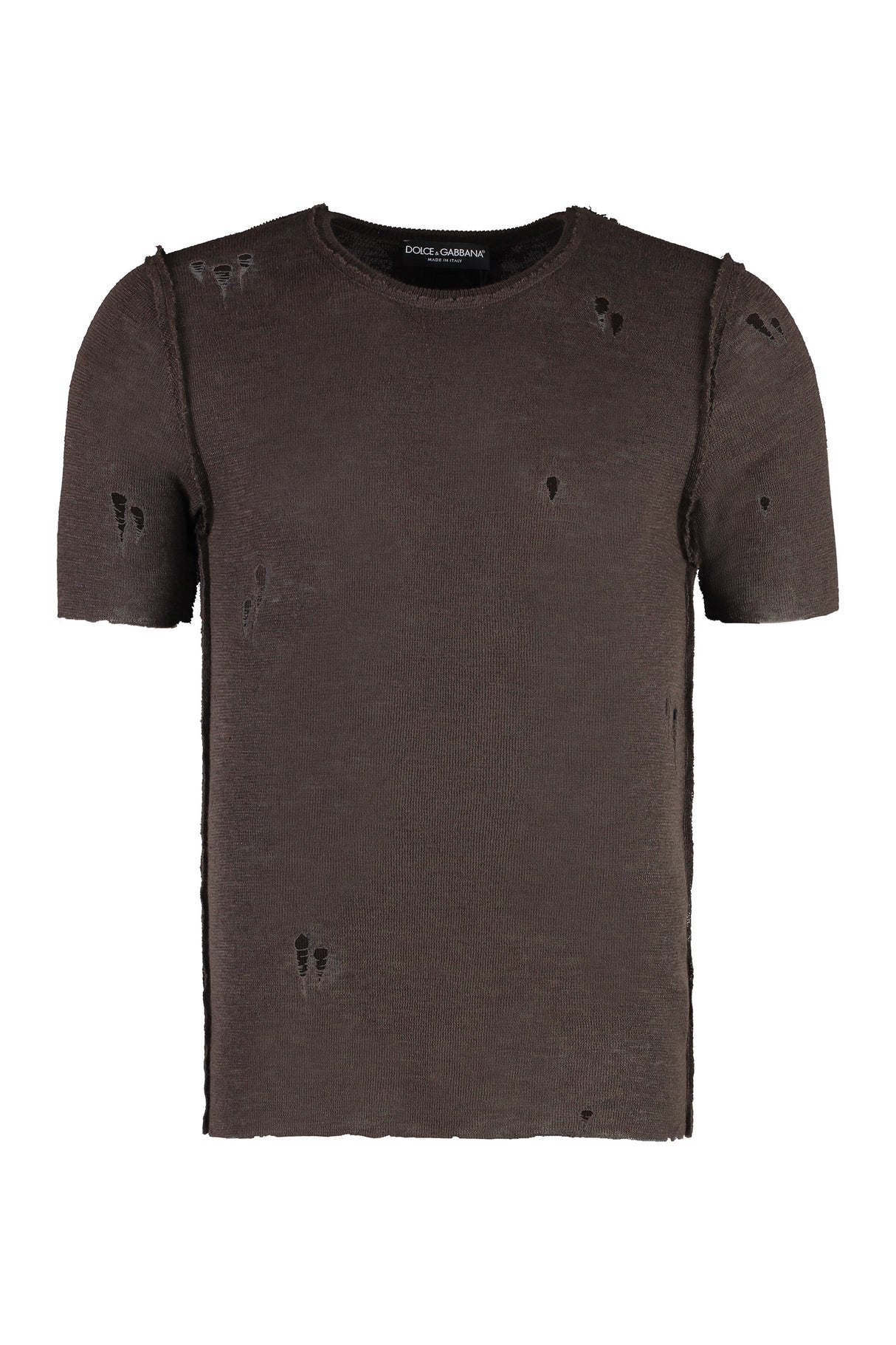 DOLCE & GABBANA Men's Worn-Out Details Knit T-Shirt - Brown - FW23 Collection