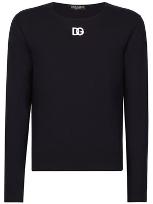 DOLCE & GABBANA Navy Blue Embroidered Wool Sweater - SS24