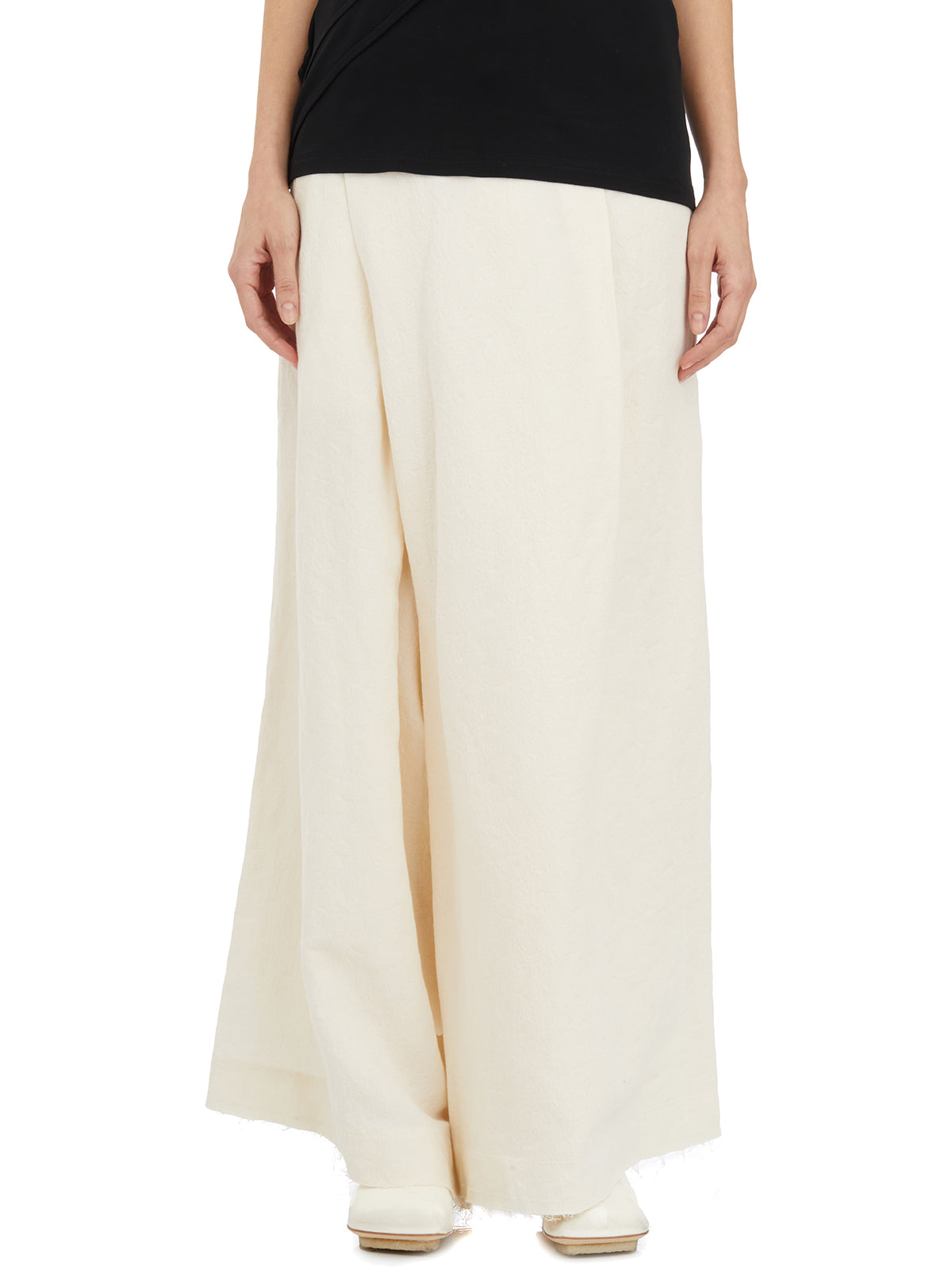 YEHUAFAN Elegant White Floral Design Wide-Leg Cotton and Linen Trousers for Women