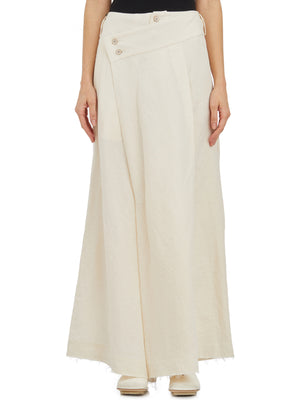 YEHUAFAN Elegant White Floral Design Wide-Leg Cotton and Linen Trousers for Women