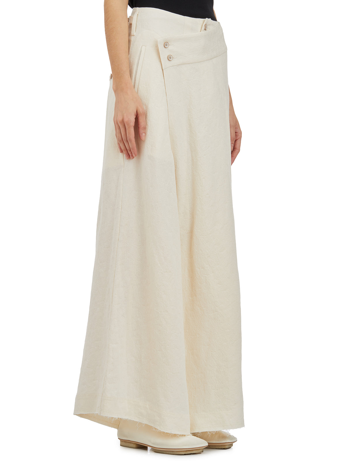 YEHUAFAN Elegant White Floral Design Wide-Leg Cotton and Linen Trousers for Women