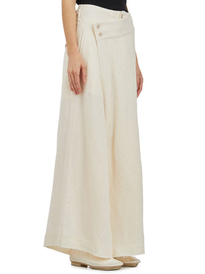 YEHUAFAN Elegant White Floral Design Wide-Leg Cotton and Linen Trousers for Women