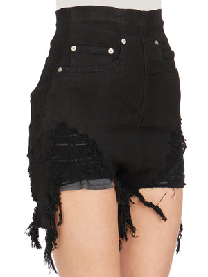 RICK OWENS Women's Black Denim Cutoff Shorts with Rivets and Distressed Detailing