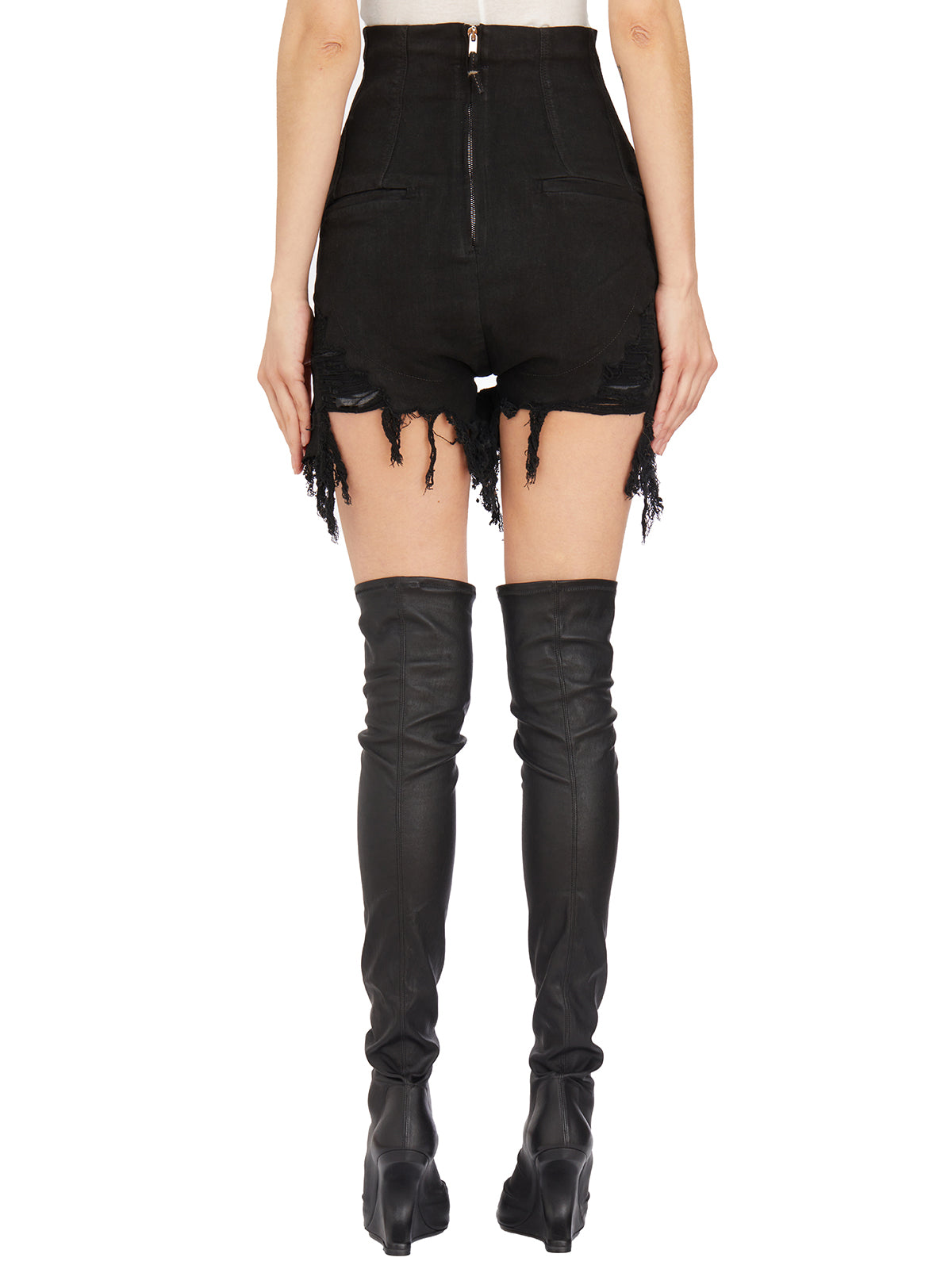 RICK OWENS Women's Black Denim Cutoff Shorts with Rivets and Distressed Detailing