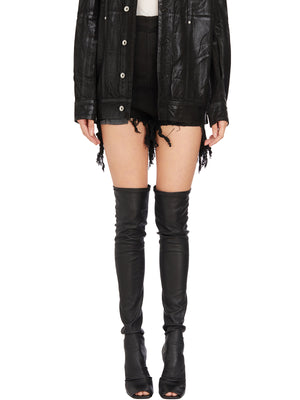 RICK OWENS Women's Black Denim Cutoff Shorts with Rivets and Distressed Detailing