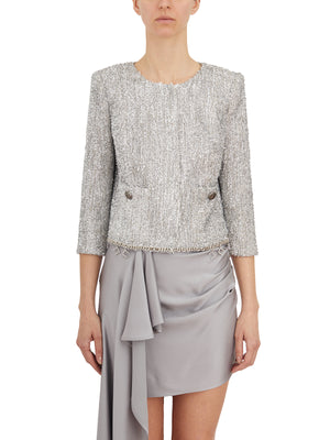 ELISABETTA FRANCHI Women's Gray Lurex Tweed Jacket with Silver Metal Buttons and Rhinestone Accessories