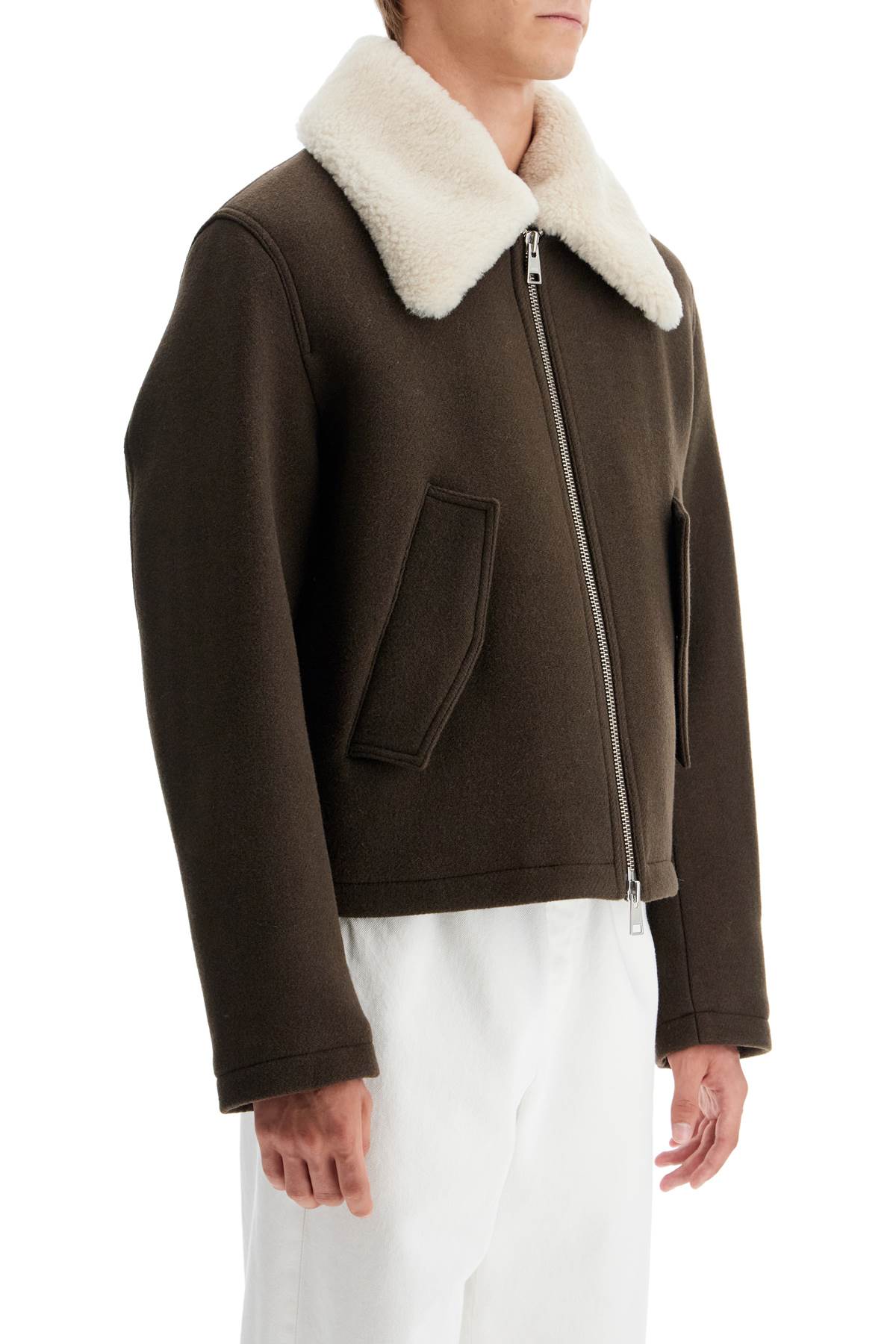 AMI PARIS Luxury Shearling-Collar Boxy Wool Jacket