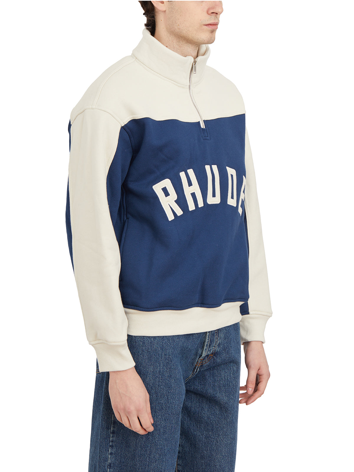 RHUDE Men's White Half Zip Sweatshirt with Front Logo, Size M