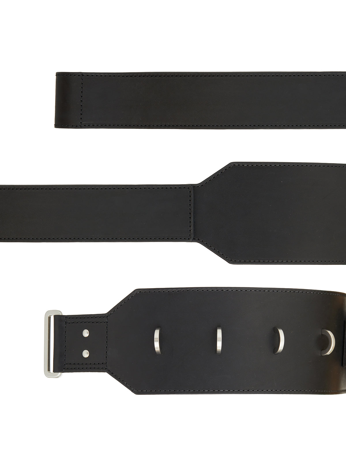 RICK OWENS Men's Black Rigid Belt with Adjustable Cinch Strap and Brass Rivet Details