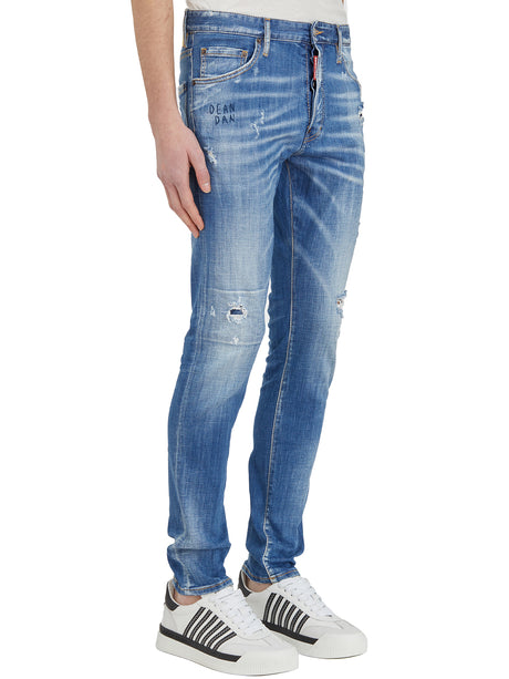 DSQUARED2 Men's Blue Denim Stretch 5-Pocket Jeans in Medium Dust Wash with Belt Loops and Size 46