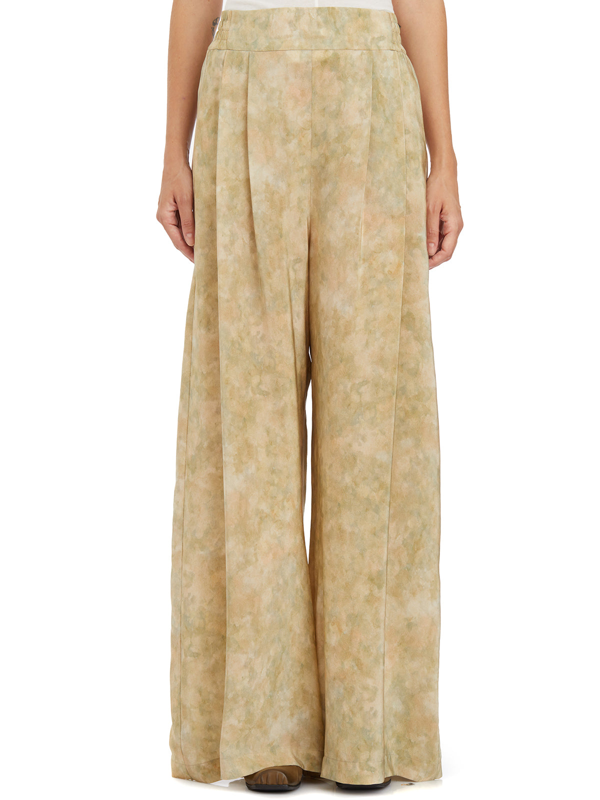 CORTANA Elegant Green Wide Leg Silk Trousers