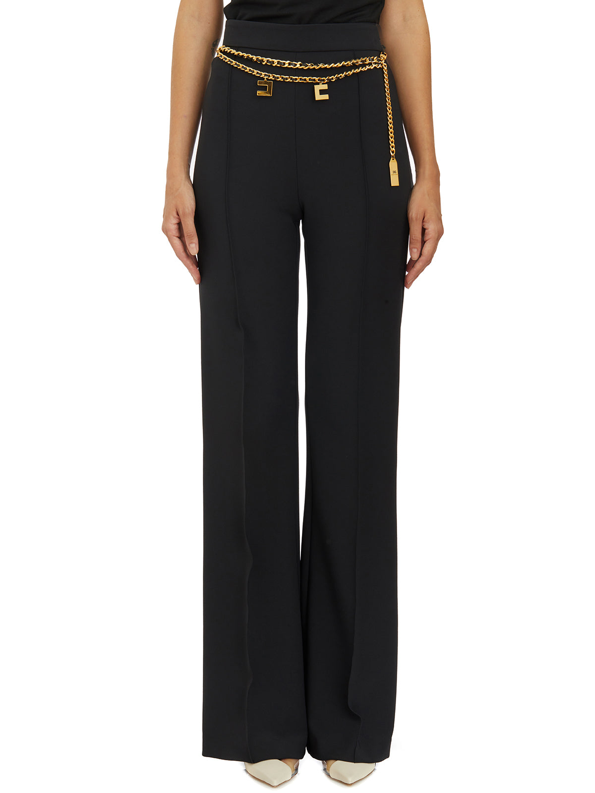 ELISABETTA FRANCHI Elegant Wide-Leg Palazzo Pants with Golden Belt Accessory