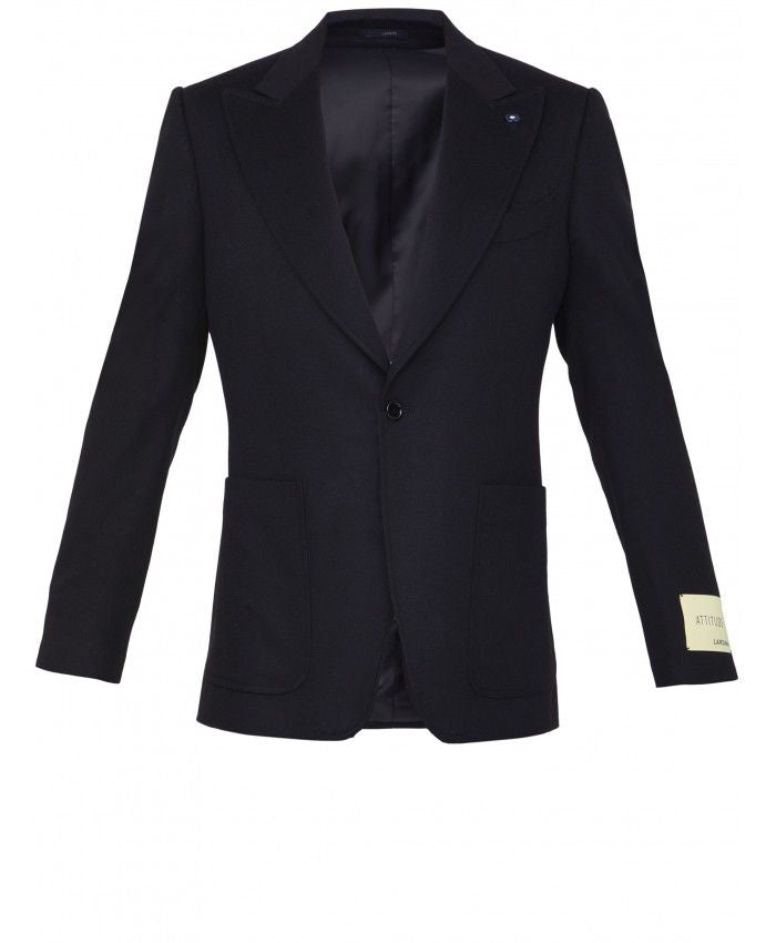 LARDINI Men's Wool Cashmere Jacket in Black | Peaked Lapels, Brooch Detail | Size 50