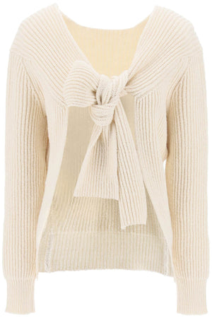 JIL SANDER Versatile Tan Ribbed Sweater with Tieable Closure