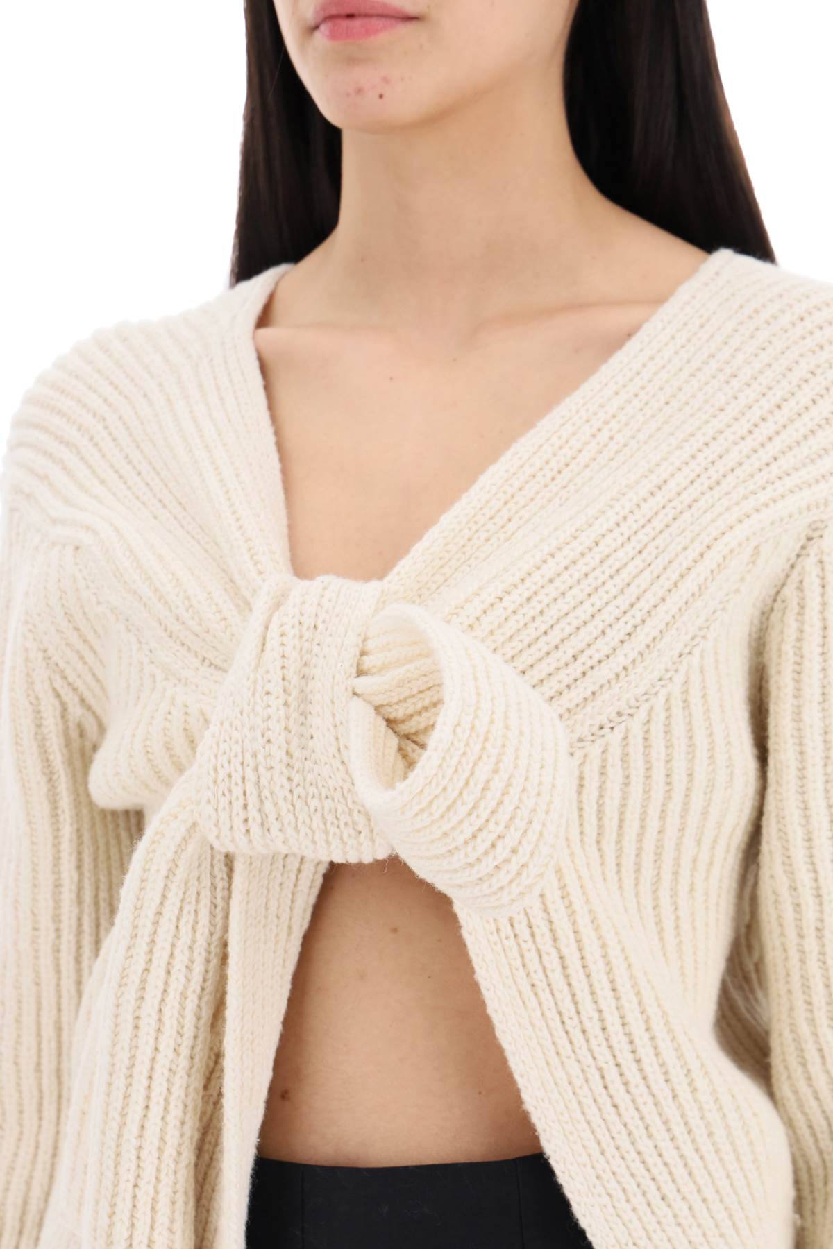 JIL SANDER Versatile Tan Ribbed Sweater with Tieable Closure