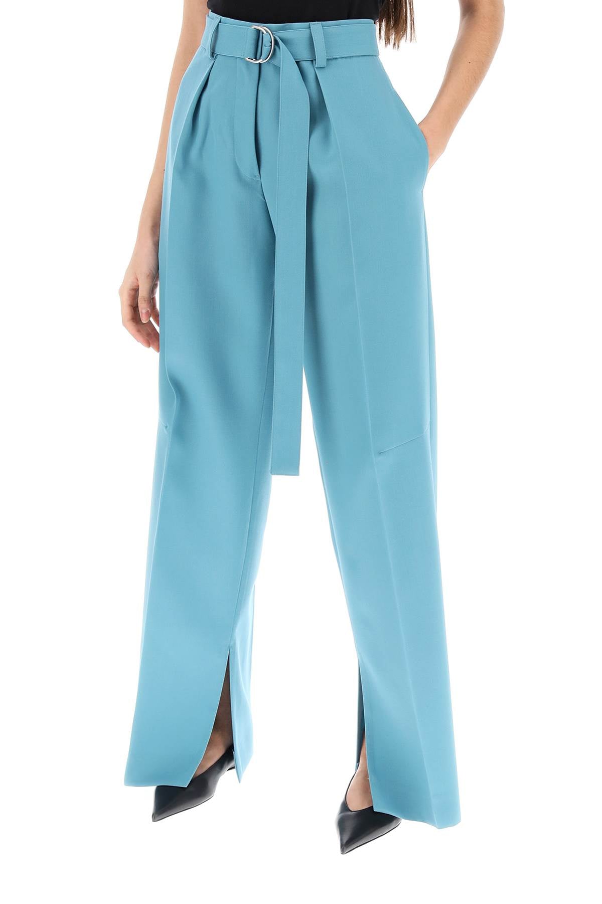 JIL SANDER Light Blue Wide Leg Pants for Women in Light Wool Gabardine