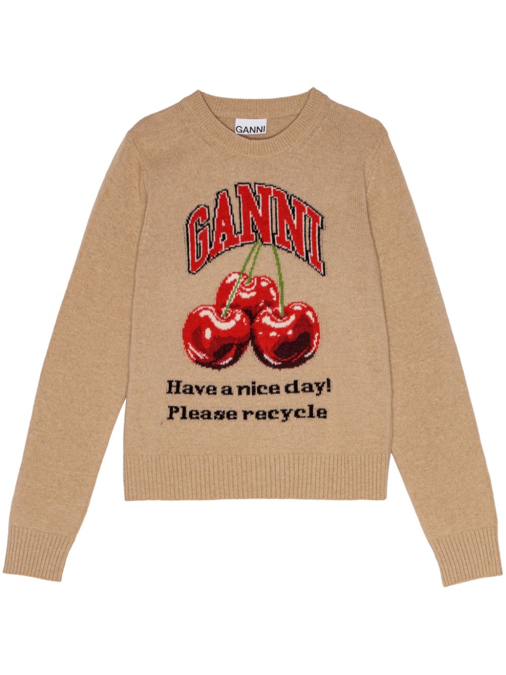 GANNI Cherry Motif Wool Crewneck Sweater