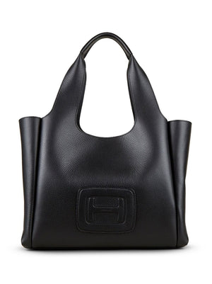 HOGAN Elegant Medium Black Leather Tote with Signature Emblem