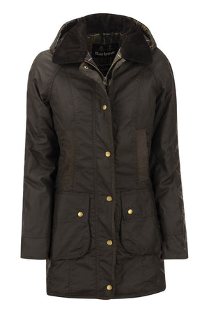 BARBOUR Olive Wax Jacket for Women with Detachable Hood - Perfect for Cold Days