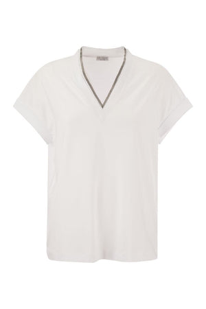 BRUNELLO CUCINELLI White Silvery Trim V-Neck Cotton T-Shirt for Women - FW23