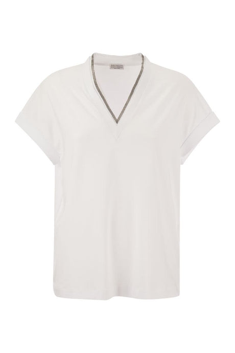 BRUNELLO CUCINELLI White Silvery Trim V-Neck Cotton T-Shirt for Women - FW23