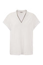 BRUNELLO CUCINELLI White Silvery Trim V-Neck Cotton T-Shirt for Women - FW23