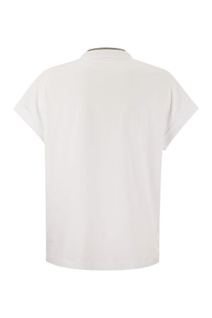 BRUNELLO CUCINELLI Women's Stretch Cotton V-Neck T-Shirt with Jewel Detail