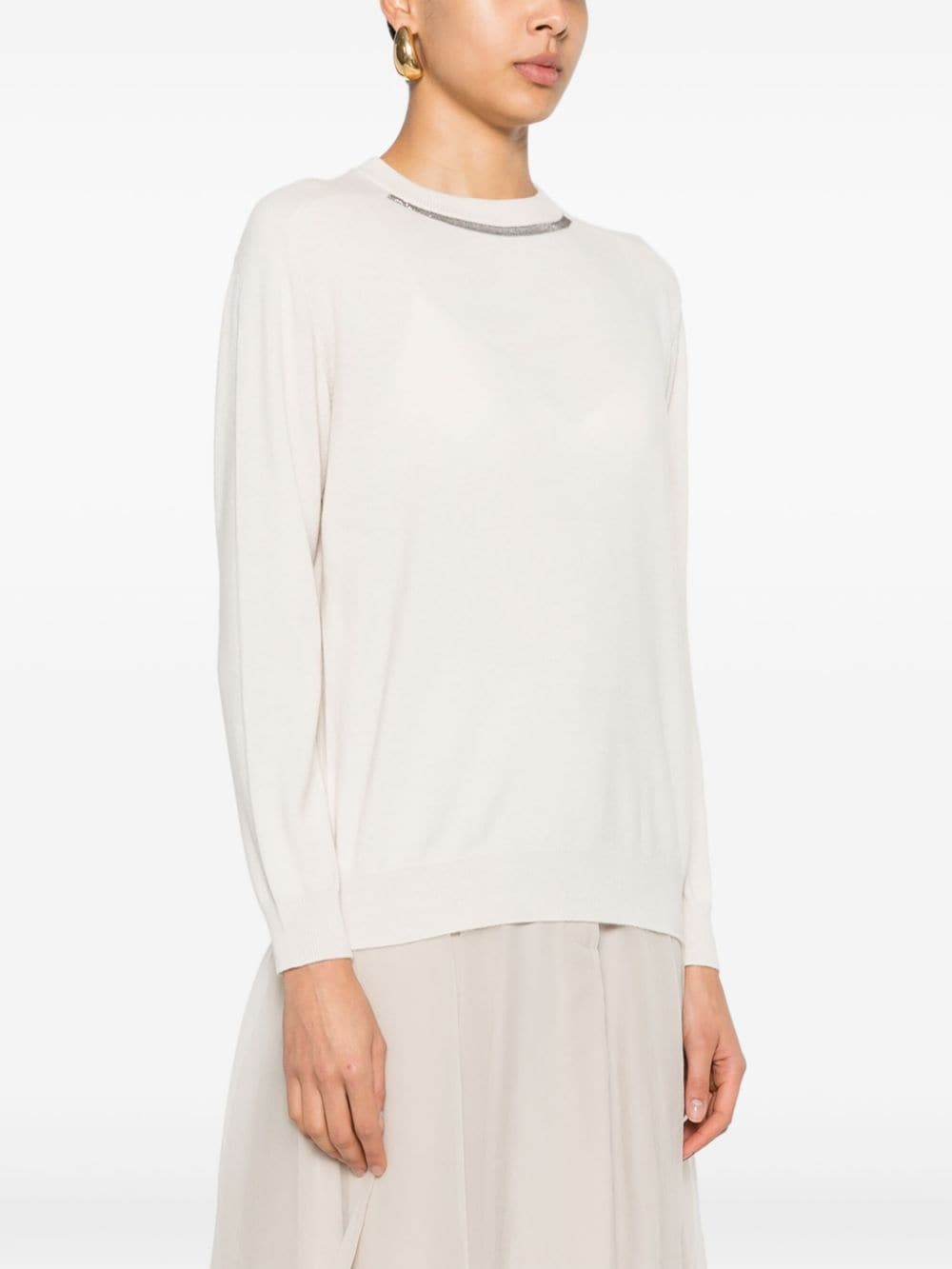 BRUNELLO CUCINELLI Elegant Cashmere Crewneck Sweater with Monili Detail