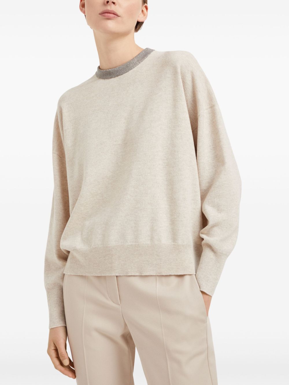 BRUNELLO CUCINELLI Elegant Cashmere Crewneck Sweater with Monili Detail