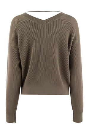 BRUNELLO CUCINELLI Elegant Cotton Rib V-Neck Sweater with Jewel Embellishment