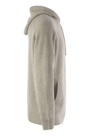 BRUNELLO CUCINELLI Luxury Cashmere Hooded Sweater with English Rib Knit