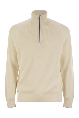 BRUNELLO CUCINELLI Lightweight Cotton Knit Sweater with Zip Opening and Raglan Sleeves