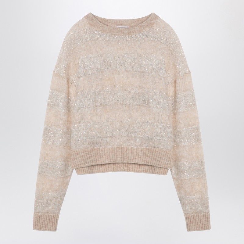 BRUNELLO CUCINELLI Elegant Beige Striped Mohair Sweater with Sequin Accents