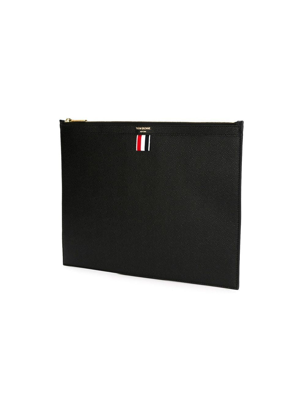 THOM BROWNE Men's Black Pebbled Leather Document Holder with Tri-Color Ribbon Detail, Medium