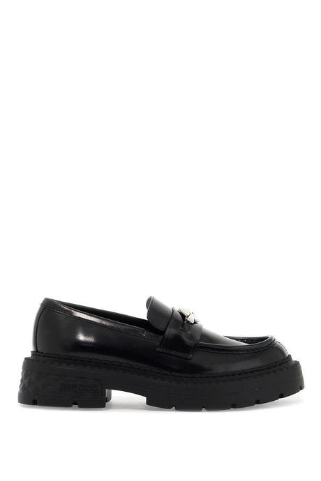 JIMMY CHOO Shiny Leather Loafers with Silver Chain Detail