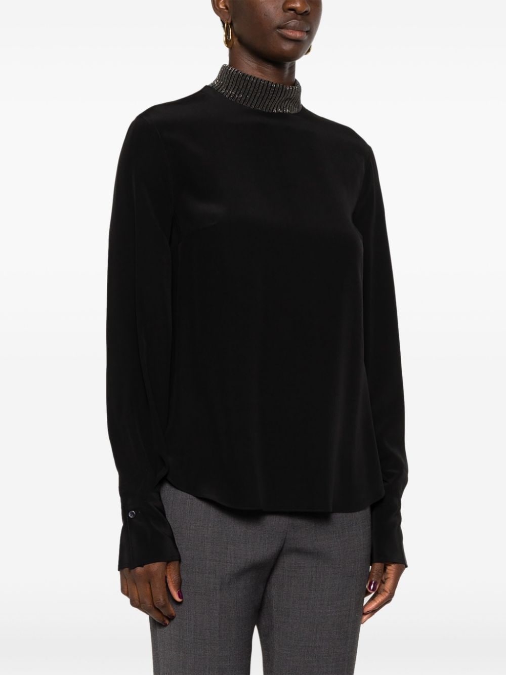 BRUNELLO CUCINELLI Elegant Black Silk Blouse with Monili Chain Detail