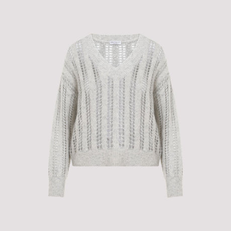 BRUNELLO CUCINELLI Elegant Wool-Mohair V-Neck Sweater with Mesh Design