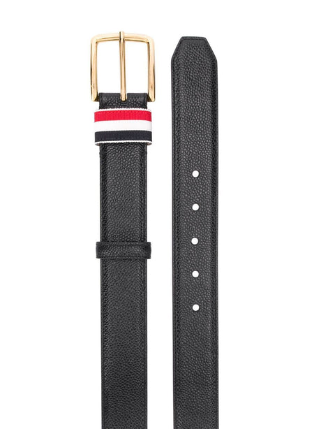 THOM BROWNE Luxurious Black Grained Leather Belt with Gold Buckle - 35MM Width