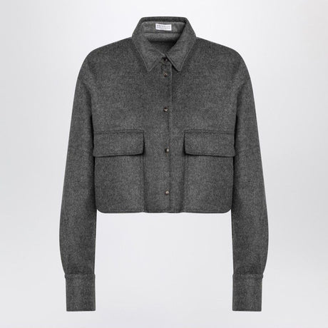 BRUNELLO CUCINELLI Cropped Grey Wool Shirt Jacket with Shiny Detail