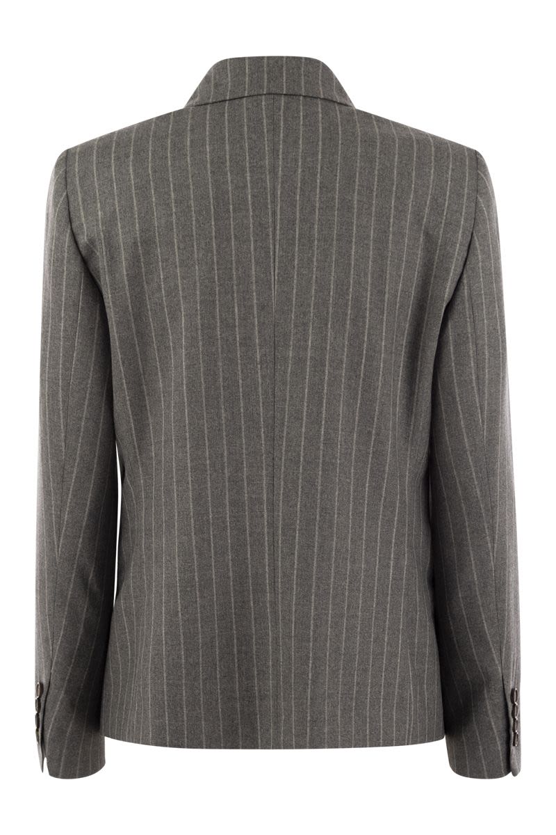 BRUNELLO CUCINELLI Elegant Pinstripe Wool Jacket with Beaded Collar Detail