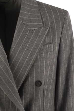 BRUNELLO CUCINELLI Elegant Pinstripe Wool Jacket with Beaded Collar Detail