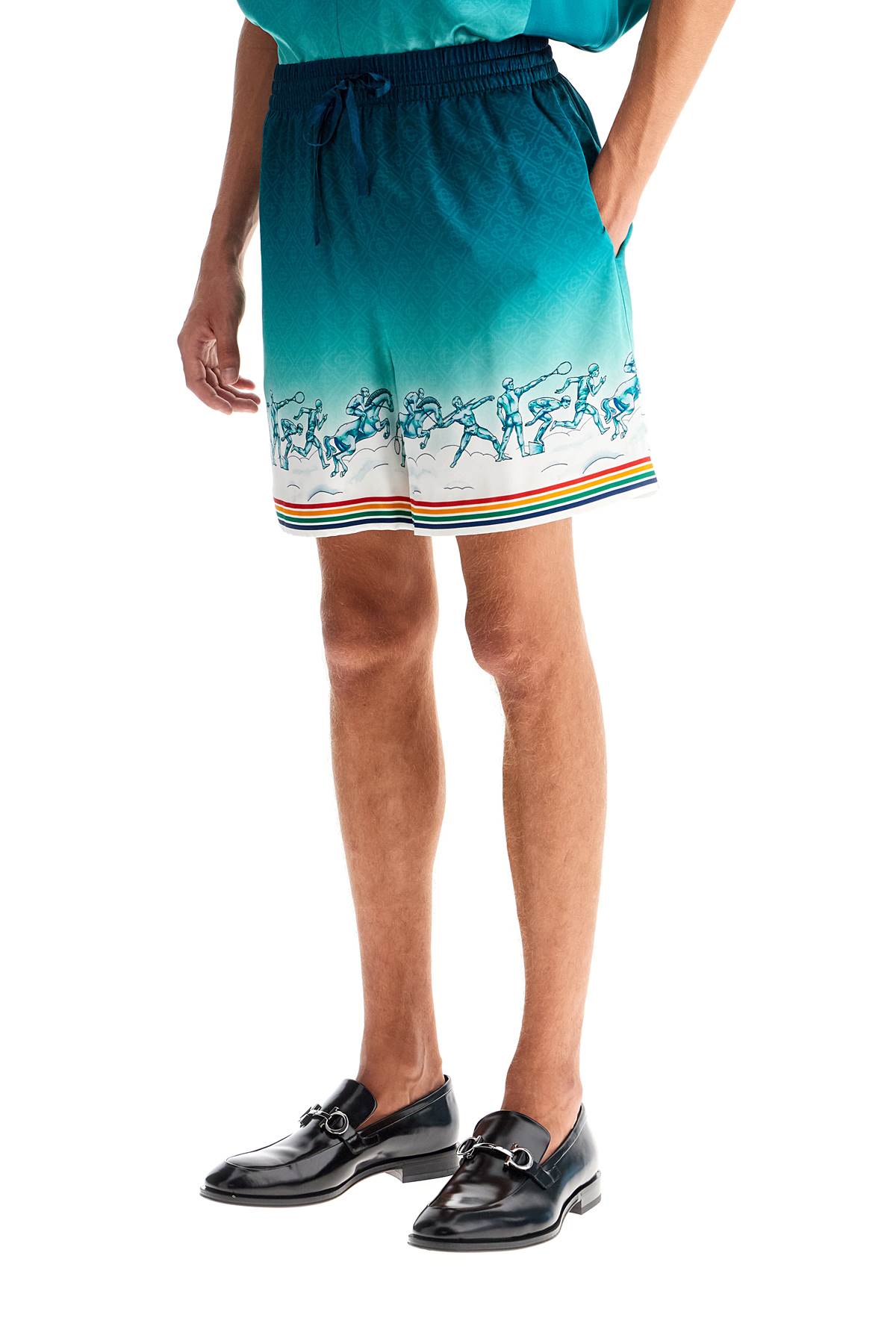 CASABLANCA Silk Satin Bermuda Shorts with Stadium Goddess Print