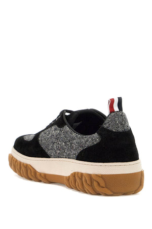 THOM BROWNE Men's Black Tweed Sneakers with Suede Leather Inserts and Tricolor Detail