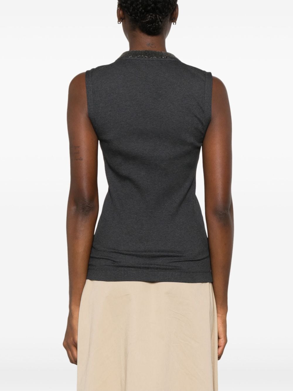 BRUNELLO CUCINELLI Sleeveless Cotton Blend Tank Top with Monili Chain Detail