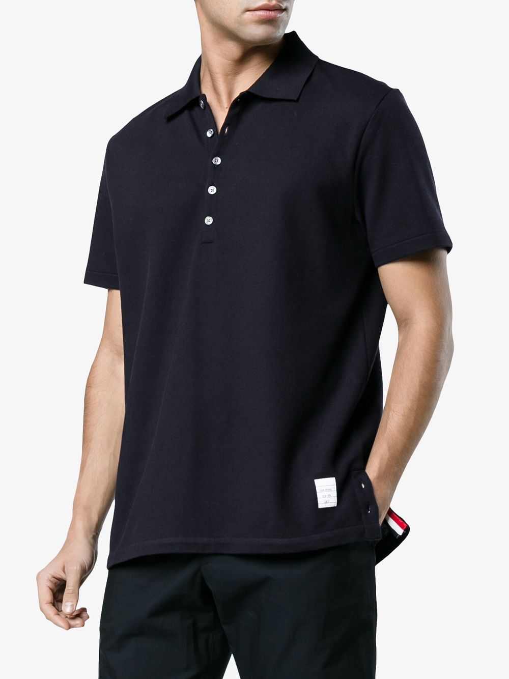 THOM BROWNE Men's Blue Cotton Polo Shirt with Signature Tricolour Stripe