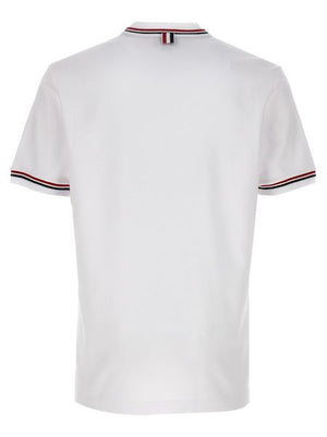 THOM BROWNE Men's White Asymmetric Hem T-Shirt with Tricolor Detail and Contrasting Trimmings