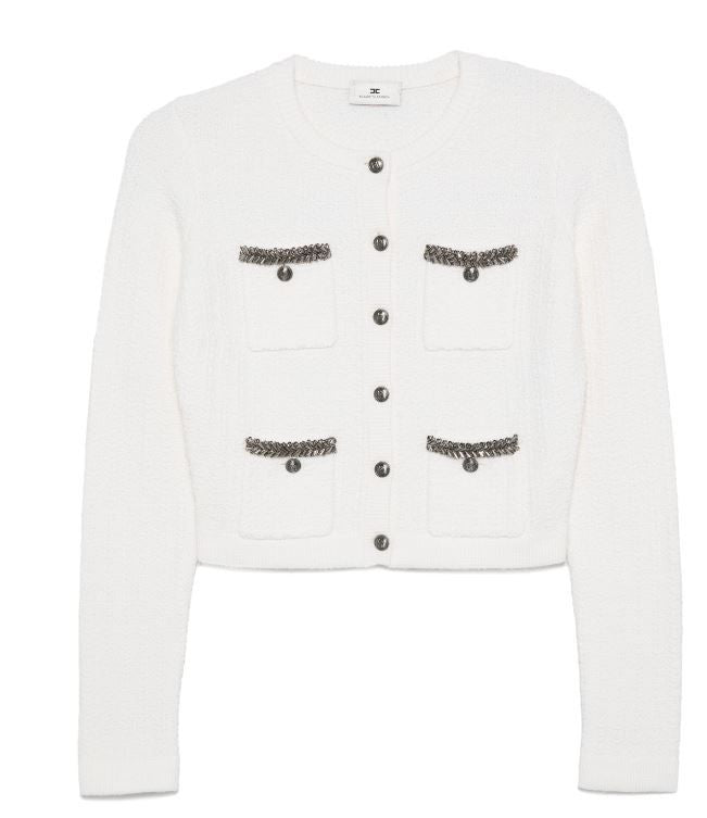 ELISABETTA FRANCHI Embroidered Motif Boucl&eacute; Sweater with Button Fastening - Women's