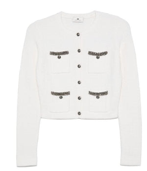 ELISABETTA FRANCHI Embroidered Motif Boucl&eacute; Sweater with Button Fastening - Women's