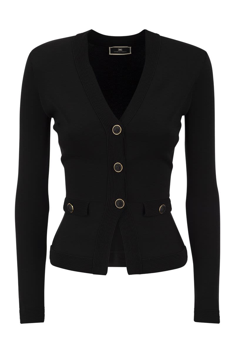 ELISABETTA FRANCHI Shiny Viscose Cardigan with Twin Buttons - Basque Waist, Piped Trim, Mock Flap Pockets, Padded Epaulettes - Designer ID: MK43S41E2