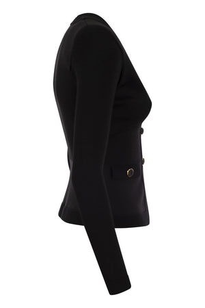 ELISABETTA FRANCHI Shiny Viscose Cardigan with Twin Buttons - Basque Waist, Piped Trim, Mock Flap Pockets, Padded Epaulettes - Designer ID: MK43S41E2